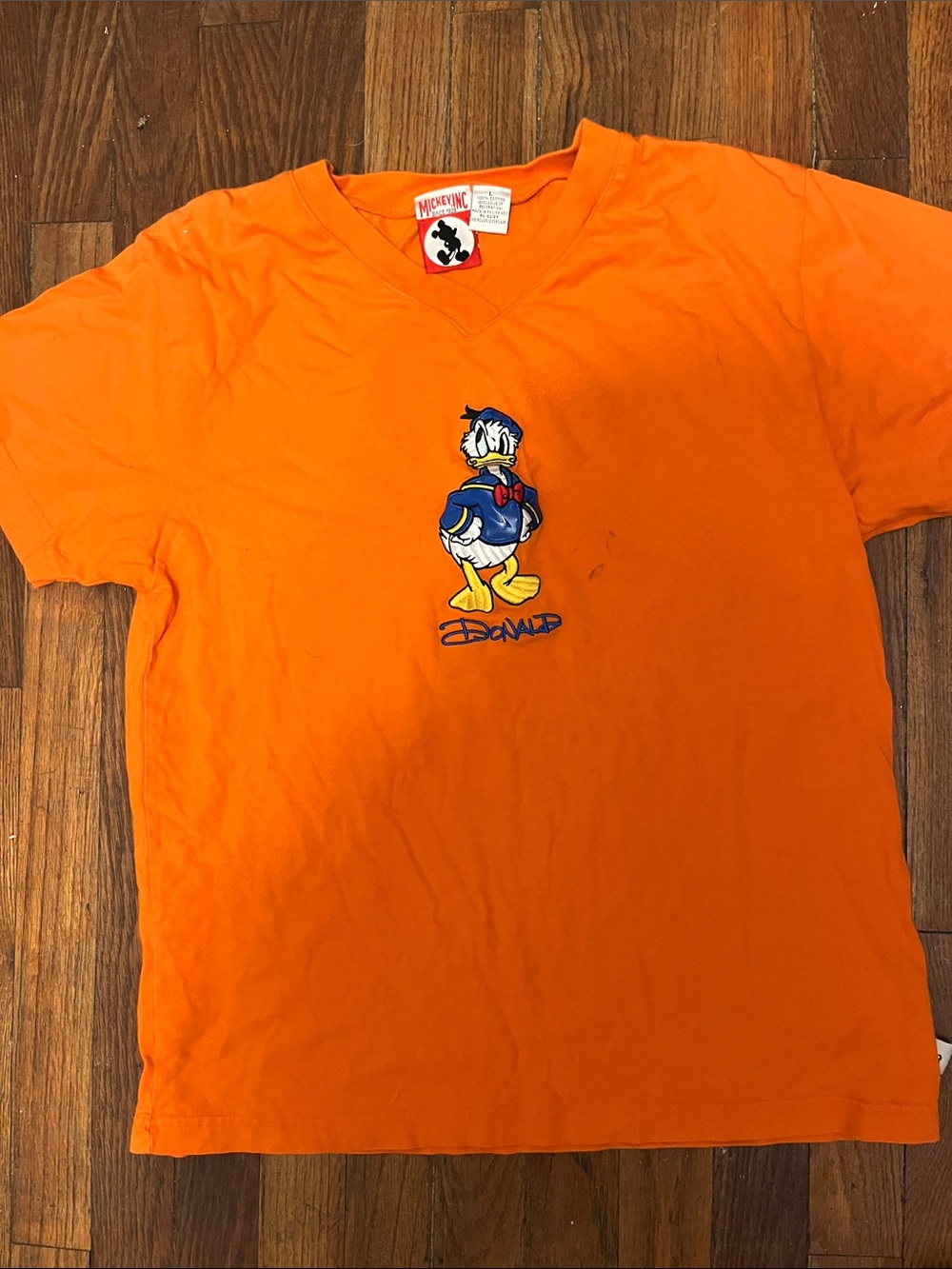 Disney Orange Donald Duck Embroidered V-Neck Tee